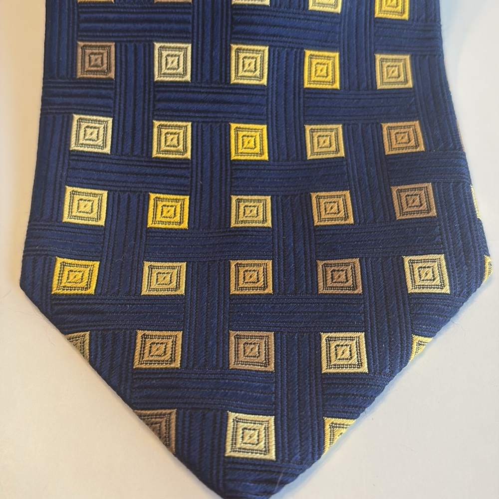 XMI Platinum Navy Silk Tie with Gold Square Design